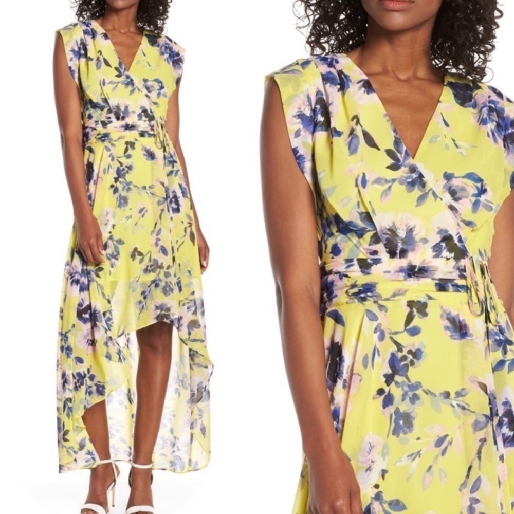 Eliza J Floral Print High Low Chiffon Yellow Floral Dress 6
